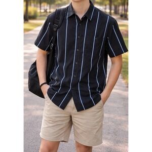 American Eagle Outfitters Mens Black Stripe Short‎ Sleeve Button Up Shirt Size L